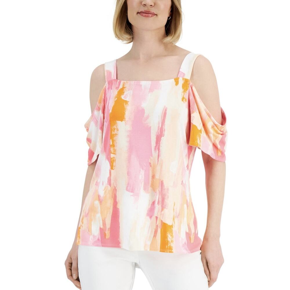 JM Collection Women's Square Neckline Printed Cold-Shoulder Top Pink Gem Combo
